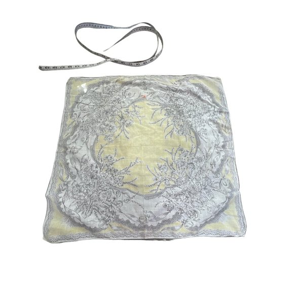 Vintage Square Botanical Print Shawl Scarf Lightweight Gray Yellow Neck Wrap - Picture 2 of 5
